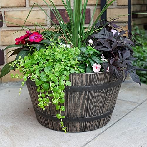 The HC Companies Whiskey Barrel Planter - Decorative Garden Pots - Indoor & Outdoor Resin Planters - Weather-Resistant Planting Pots (16” Aged Oak)