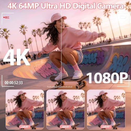 4K Digital Camera for Photography, 64MP Vlogging Camera for YouTube with 3" 180° Flip Screen, WiFi Compact Camera with 18X Digital Zoom, Comes with 32GB Micro SD Card & 2 Batteries, Black