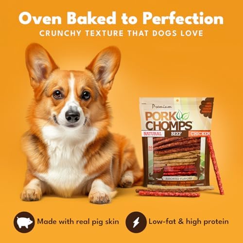 Pork Chomps Dog Chews, 5 in Munchy Sticks, Assorted Flavors, 50 Count | Oven-baked from real pork skin - a rawhide-free chew that's low in fat, high in protein, and easy to digest