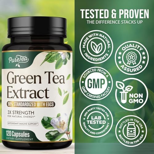 Green Tea Extract 1000mg Per Serving - 98% Polyphenols & 45% EGCG Capsules, Heart Support with Antioxidants - 3X Absorption Green Tea Pills Supplement, Natural Energy, Gentle Caffeine - 240 Capsules