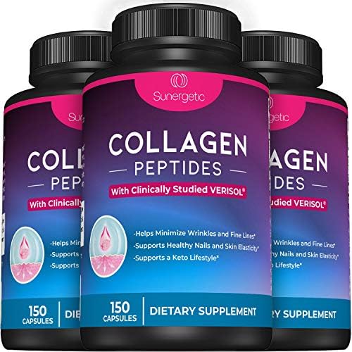 Sunergetic Premium Collagen Peptides Capsules – 2500 mg of VERISOL Collagen Peptides Type 1 & Type 3 – Multi Collagen Supplement to Support