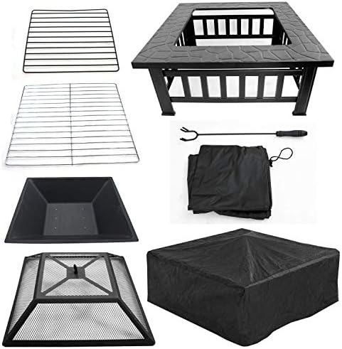 ZENY 32 inch Outdoor Fire Pit with Grill for Outside Wood Burning, Square Metal Outside Fireplaces