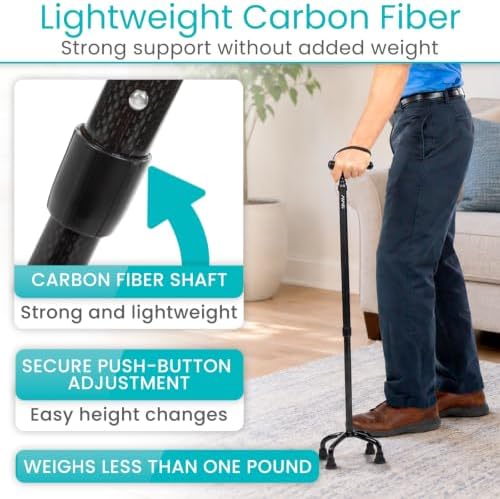 Vive Ultra-Lightweight Quad Cane - Carbon Fiber Walking Stick for Men | Women - Adjustable Ergonomic Grip Handle - Nonslip 4 Prong Rubber Tips for