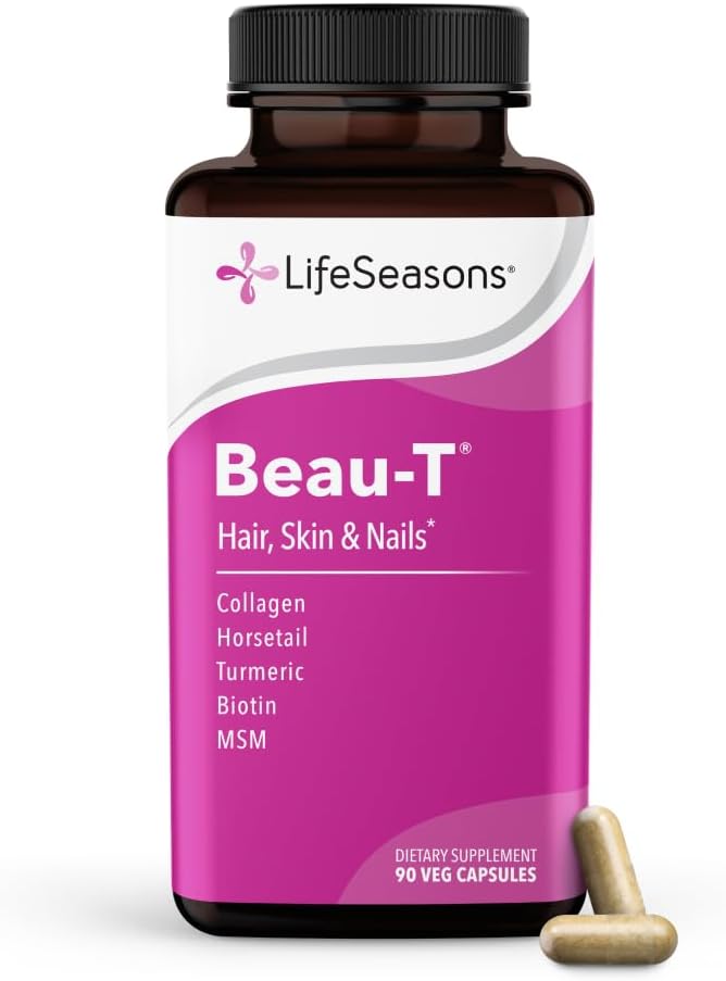 LifeSeasons Beau-T - Hair, Nail & Skincare Supplement - Promotes Healthy Hair and Nail Growth - Support Clear Skin & Fights Acne - Nail Strengthener - Contains Biotin Collagen Turmeric - 90 Capsules