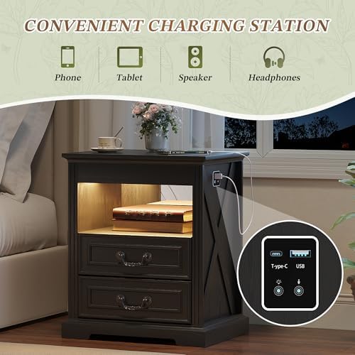 Dystler Nightstand with Hidden Gun Safe Drawer, Charging Station & LED Lights