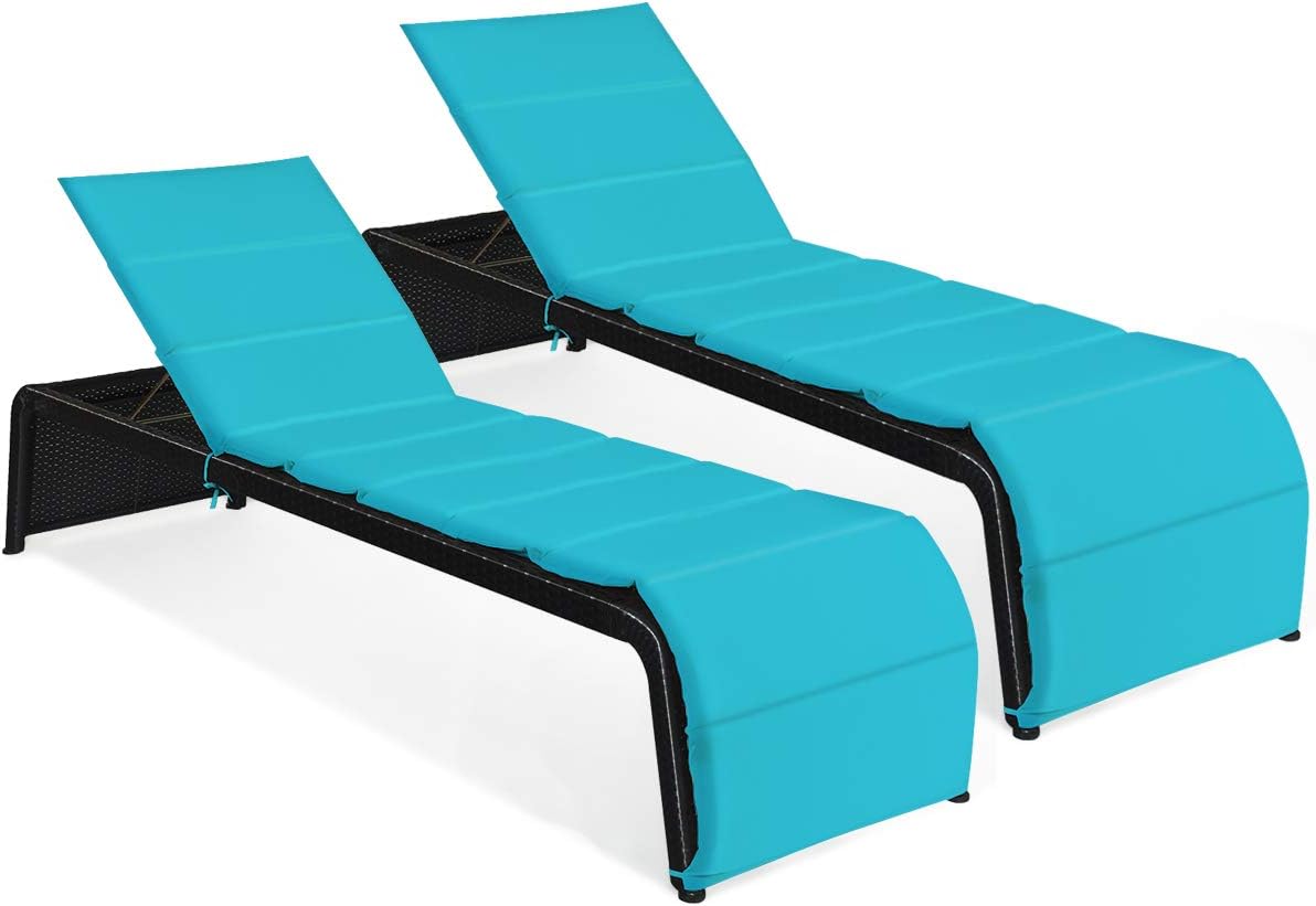 Tangkula Outdoor Chaise Lounge Chair, 5-Position Adjustable Rattan Recliner Chair w/Cushioned Seating and Adjustable Feet