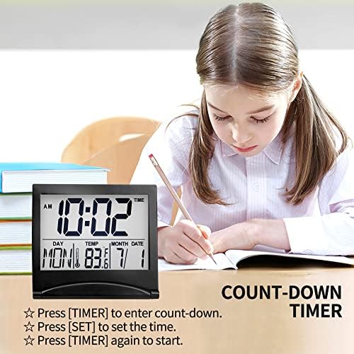 Betus Digital Travel Alarm Clock - Foldable Calendar Temperature Timer LCD Clock with Snooze Mode - Large Number Display, Battery Operated - Compact Desk Clock(Silver, No Backlight)
