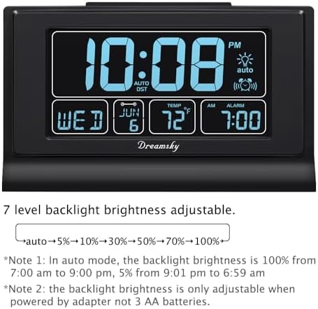 DreamSky Alarm Clocks for Bedrooms with Battery Backup, Auto Set | Digital Clock with Date & Day of Week, 5 Inch Large Display, Weekday, Temperature, USB Port, Auto DST, Brightness Dimmer