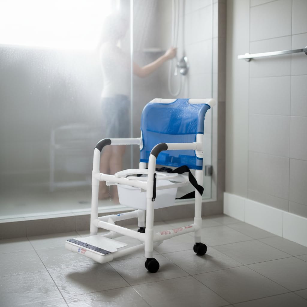 Rolling Shower Chair with Wheels & Drop Arms, Mesh Seat, 4 Locking Casters, Seat Belt, Sliding Footrest, Commode Pail – Fits Over Toilet