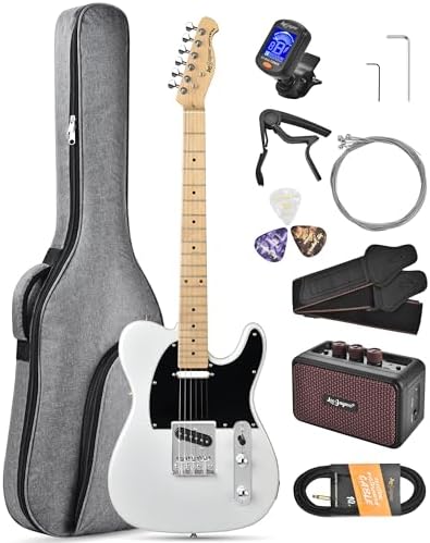 Leo Jaymz Beginner Electric Guitar Complete Kit with Portable Amp, Padded Gig Bag & Full Accessories, Maple Neck (TL-White)