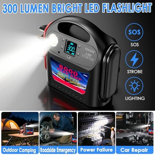 8000A 12V/24V Jump Starter for Large Gas & Diesel Engines, Heavy-Duty Portable Battery Booster Pack for Trucks