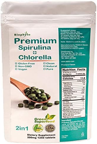 Biophyto-Chlorella Spirulina 2 in 1 Tablets- 1250 Counts- Broken Cell Wall- Vegan- 83 Days Supply- Phycocyanin, Protein- Non-GMO- Iron, Zinc, B12