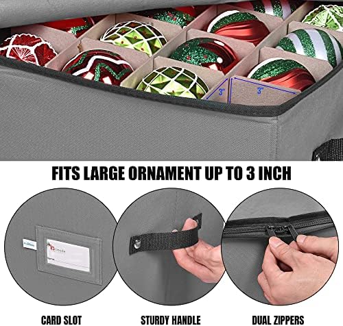 Christmas Ornament Storage Box, 4 Individual Trays Xmas Storage Container, Fits 64 Ornaments Decoration Balls, Constructed of Durable Polyester Material (Red)