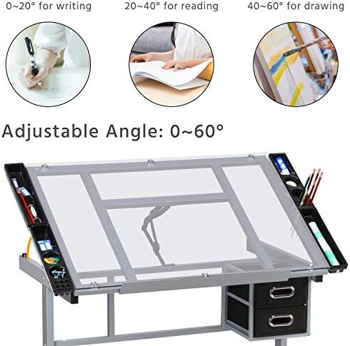 Yaheetech Glass Drafting Table with Storage, Adjustable Art Drawing Desk | Tempered glass top on a steel frame tilts 0-60° for drawing, tracing