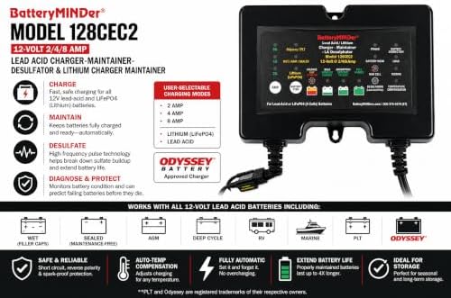 128CEC2 12V 2/4/8 Amp Smart Trickle Charger, Automatic Battery Maintainer & Desulfator for Lead Acid & LiFePO4 Batteries, AGM, Marine, RV & Odyssey