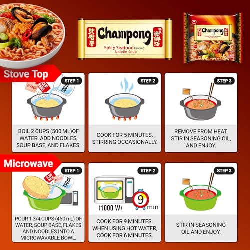 Nongshim Champong Noodle Soup, Smoky Spicy Seafood Korean Ramen, 4 Pack | Spicy seafood instant ramen with cuttlefish, mussel, scallop