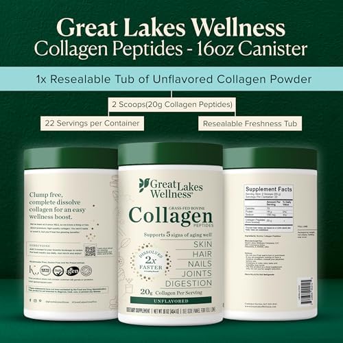 Great Lakes Wellness Collagen Peptides Powder – Supports Skin, Hair, Nails, Joints & Digestion – Hydrolyzed, Non-GMO, Keto & Kosher – Pure Collagen Protein (16 oz, 22 Servings) Packaging may vary