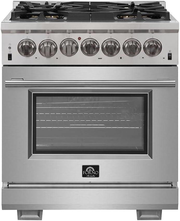 FORNO Capriasca Dual Fuel 30" Inch. Freestanding Range 5 Sealed Brass Burners Cooktop and 4.32 Cu. Ft. Electric Convection Oven - Stainless Steel