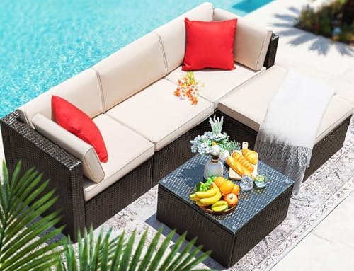 Devoko 5 Pieces Patio Furniture Sets Outdoor Sectional Patio Sofa | All Weather Manual Weaving Wicker Rattan Patio Seating Sofas with Cushion and