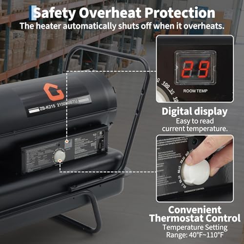 Garvee 215000 BTUs Kerosene/Diesel Forced Air Heater, Kerosene Fan Forced Heater with Thermostat Control for Warehouses, Construction, Workshops