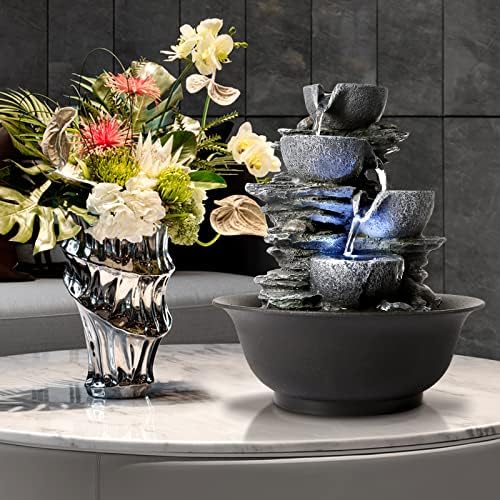 WICHEMI Indoor Water Fountain Tabletop Fountain Stacked Rock with LED Light | Relaxing Water Feature, Meditation Fountain, Soothing Sound, Stress Relief, For Home Office Bedroom Decor, 7.8"x7.8"x7.9"