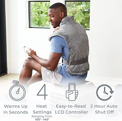 Pure Enrichment PureRelief XL Extra-Long Back & Neck Heating Pad, Safe Heat Therapy for Sore Muscles, Pain, & Cramps in Neck, Back, & Shoulders, 4 Heat Settings w/Auto Shut-Off, Soft Fabric (Gray)