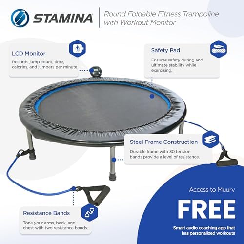 Stamina 36" Foldable Mini Trampoline Rebounder for Adults with Smart Workout App, Black - Portable Fitness Equipment for Home Gym, Cardio and Jumping Training Exercise