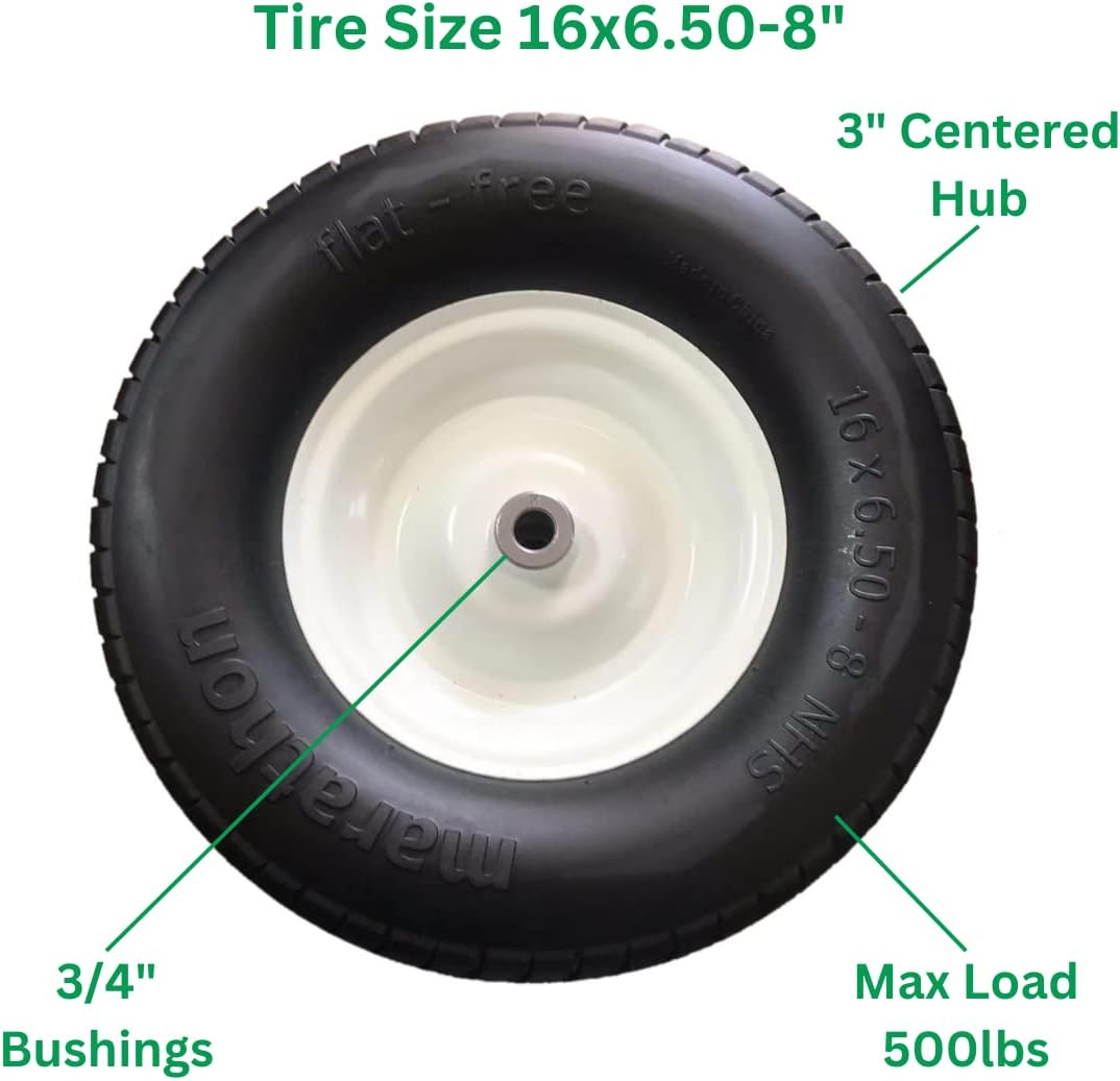 Marathon 16x6.50-8" Flat Free Tire on Wheel, 3" Hub, 3/4" Bushings
