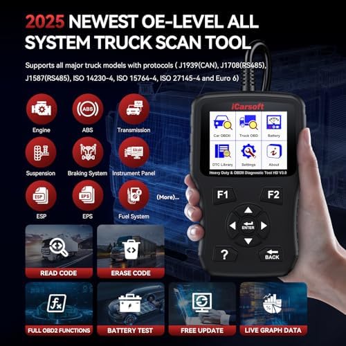 iCarsoft HD V3.0 Heavy Duty Truck Scanner Car OBD2 and Diesel All System 2-in-1 Diagnostic Scan Tool Lifetime Free Update Code Reader for Freightliner Paccar International Mack Hino Isuzu Cummins