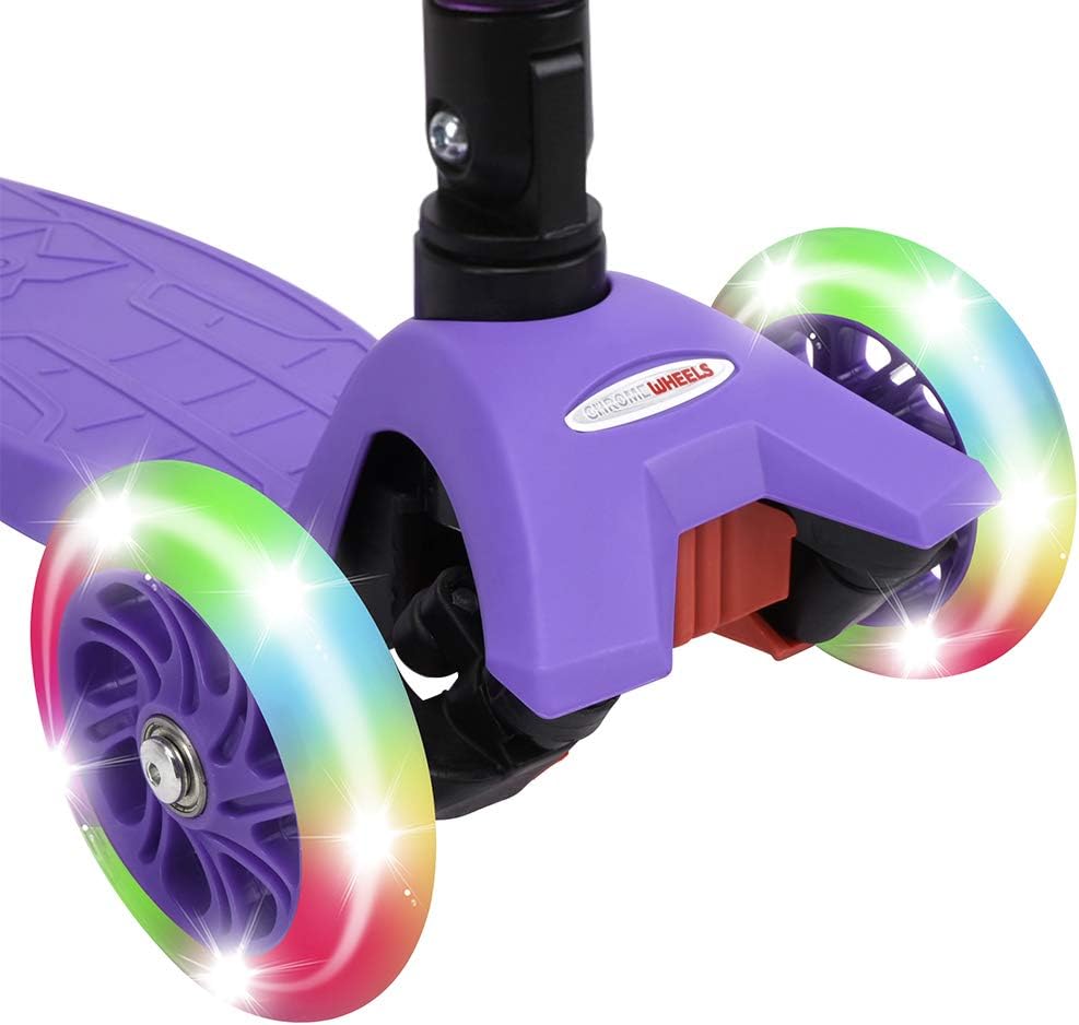 ChromeWheels Foldable Scooters for Kids, Deluxe Kick Scooter 4 Adjustable Height 132lbs Weight Limit 3 Wheel, Lean to Steer LED Light Up Wheels