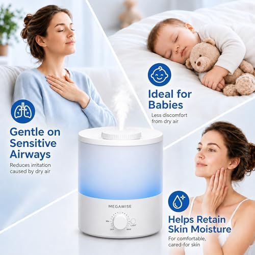 MEGAWISE 1.5L Cool Mist Humidifier for Bedroom, 25dB Quiet