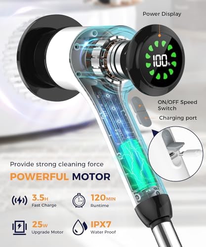 6-in-1 Cordless Electric Spin Scrubber with Long Handle | Power scrubber, bathroom scrubber, 47.2 in long handle, 2 speed scrub brush, IPX7 rated body, kitchen, tile, tub, floor