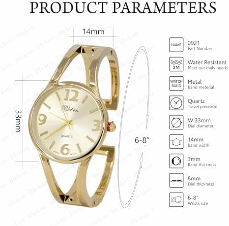 Collections Women's Elegant Analog Quartz Watch - 33mm Case, Casual Metal Cuff Bangle Design, Adjustable Fit for 7-8 Inch Wrist Size
