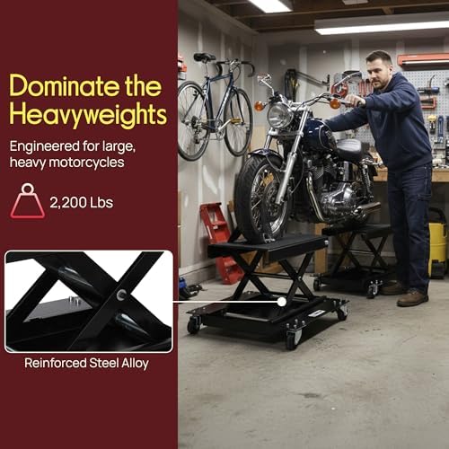 Pyle Motorcycle Lift, Scissor Jack, Dolly, Heavy Duty Steel, 1100 lbs Capacity, Black Powder Coat, Anti-Skid Rubber, Collapsible, Portable