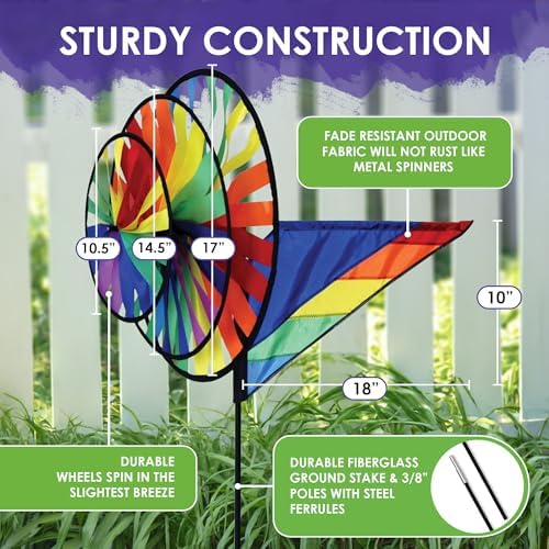Premier Kites Triple Spinner Rainbow – Eye-Catching Garden Spinner with Colorful Triple Wheels, Durable Weather-Resistant Fabric, Easy Assembly