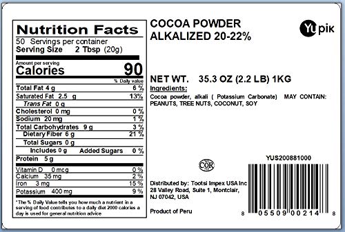 Yupik Alkalized Cocoa Powder, 2.2 lb (35.2 oz), Vegan, Gluten-Free, GMO-Free, Kosher, Dairy-Free, No Sugar Added, Dutch Processed Cocoa, Smooth Chocolate Flavor, Ideal for Baking & Beverages