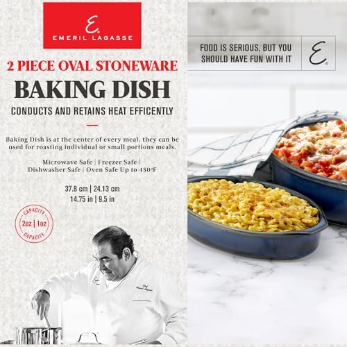 Emeril Lagasse 2-Piece Oval Stoneware Baking Dish Set - Versatile 1 & 2 Qt, for Baking, Perfect Casseroles, Roasts, Cake, Lasagna Pan, Microwave, Oven