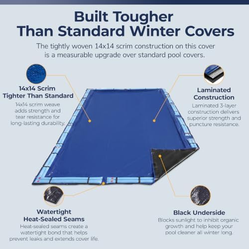 Blue Wave Arctic Armor 14x28-ft Rectangular In-Ground Pool Winter Cover | Solid polyethylene, black underside, heat-sealed seams, grommets, cable, winch, 5-ft overlap, 15-yr support, blocks debris