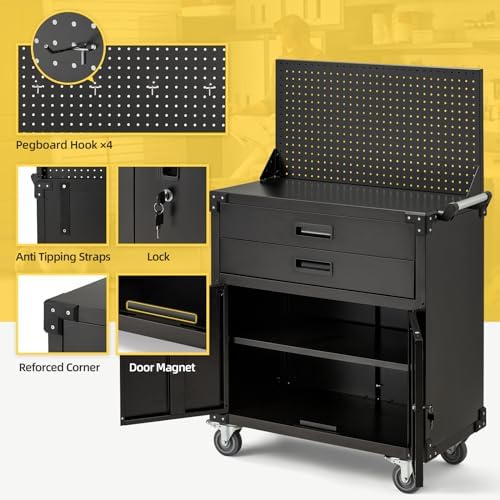 52'' Work Bench for Garage with Pegboard Drawers and Cabinets Heavy Duty Metal Frame Tool Bench for Shop Kitchen Cabinets Organizer Work Table with