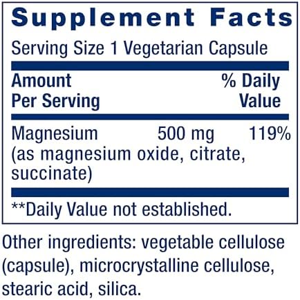 Life Extension Magnesium Caps, 500 mg, Magnesium Oxide, Citrate, and Succinate, Heart Health, Healthy Bones, Metabolism Support, 100 Vegetarian Capsules | Magnesium Oxide, Citrate & Succinate Blend for Heart Health, Healthy Bones & Metabolism, 100 Vegeta…