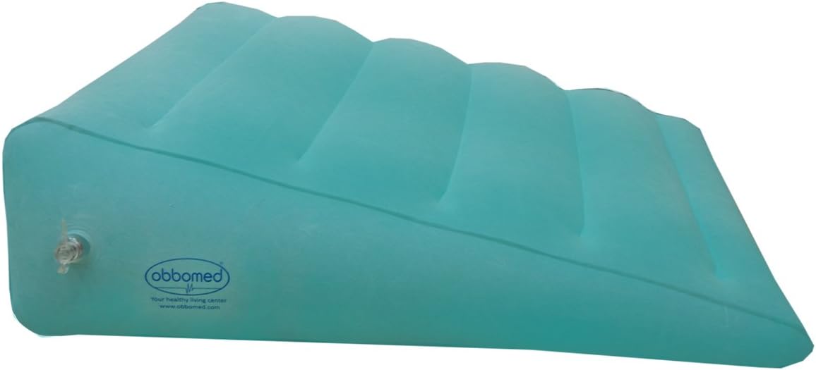 ObboMed HR-7510 Inflatable Portable Bed Wedge Pillow with Velour Surface for Sleeping, Travel, Trip Vacation, Horizontal Indention Prevent Sliding, 23” x 22” x(7.5”~1.5”), Cyan