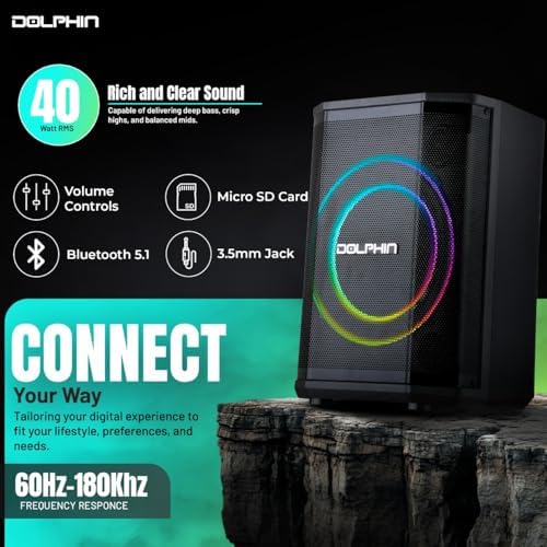 Dolphin Bluetooth Party Speaker with Wireless Microphone, 8" Woofer | 40W RMS, 3D LED Ring Light, RGB Lights, TWS Pairing, USB/AUX