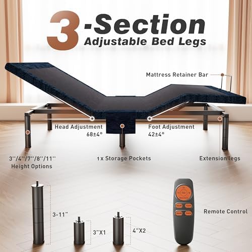Twin XL Adjustable Bed Base Quiet Motor Zero Gravity Anti-Snore | Heavy-Duty Metal Frame,Wireless Remote, Independent Head & Foot Incline
