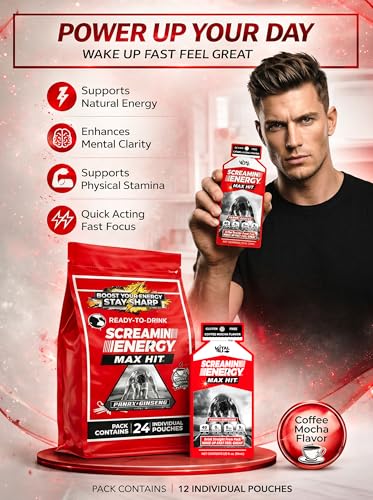 Screamin Energy Max Hit Coffee Mocha Energy Shot Pouches, 24 Count, Extra Strength Caffeine with Panax Ginseng and B Vitamins
