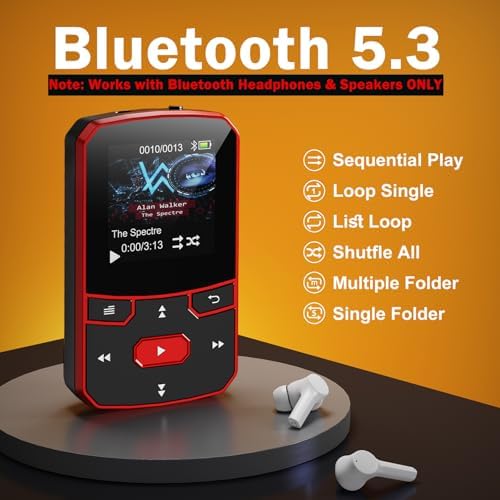 RUIZU 64GB Clip MP3 Player with Bluetooth 5.3, Lightweight 1 oz | Portable Music Player for Sports Running, Physical Buttons, FM Radio, Voice Recorder, Sleep Timer, Up to 128GB microSD Card