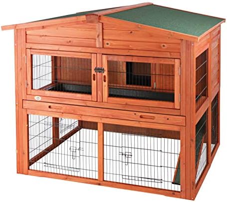 TRIXIE natura Outdoor Rabbit Hutch with Run - 2-Story Rabbit Cage with Non-Slip Ramp - Medium Elevated Small Animal House with Secure Playpen, Hinged Roof & Pull-Out Tray - in Brown