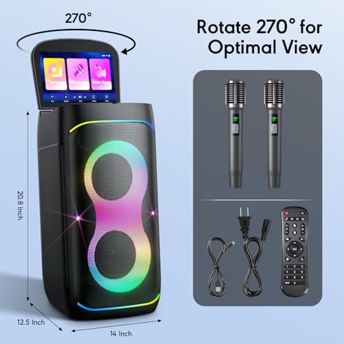 Smart Karaoke Machine with 10.1 Inch Screen, with Lyrics Display, Build-in Karaoke APP, 300W Powerful Speaker, 2 Wireless Microphones
