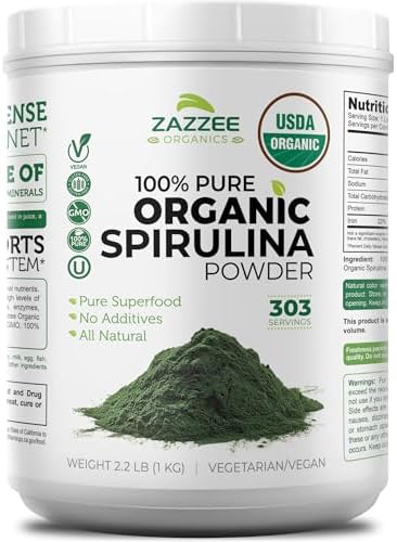 Zazzee USDA Organic Spirulina Powder, 2.2 Pounds (1 KG), 303 Servings | Certified Kosher, 100% Pure, Non-Irradiated, Mess-Free Wide Mouth Container, Fresh Smell, Neutral Taste, Non-GMO, Made in USA