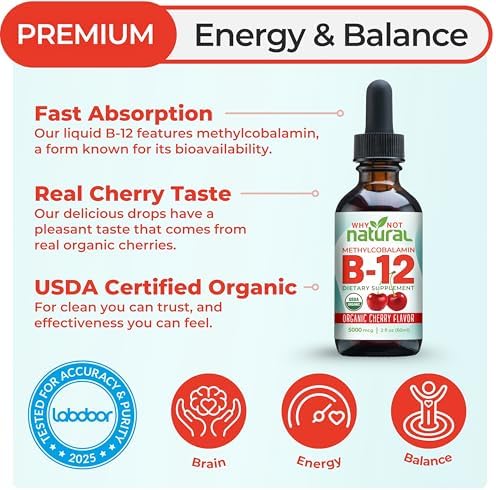 Why Not Natural Organic Vitamin B12 Liquid - Sublingual Extra Strength 60 x 5000 mcg Methylcobalamin Drops, Vegan, Maximize Absorption and Energy