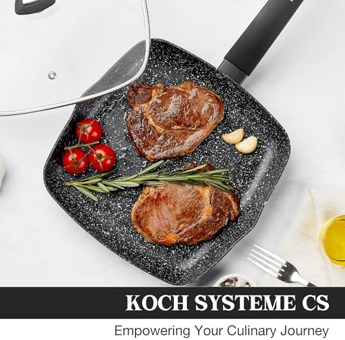KOCH SYSTEME CS 9.5 Inch Nonstick Grill Pan for Stove Tops, Marble Coating Square Grill Skillet with Lid, Fry Pan Compatible with all Stoves